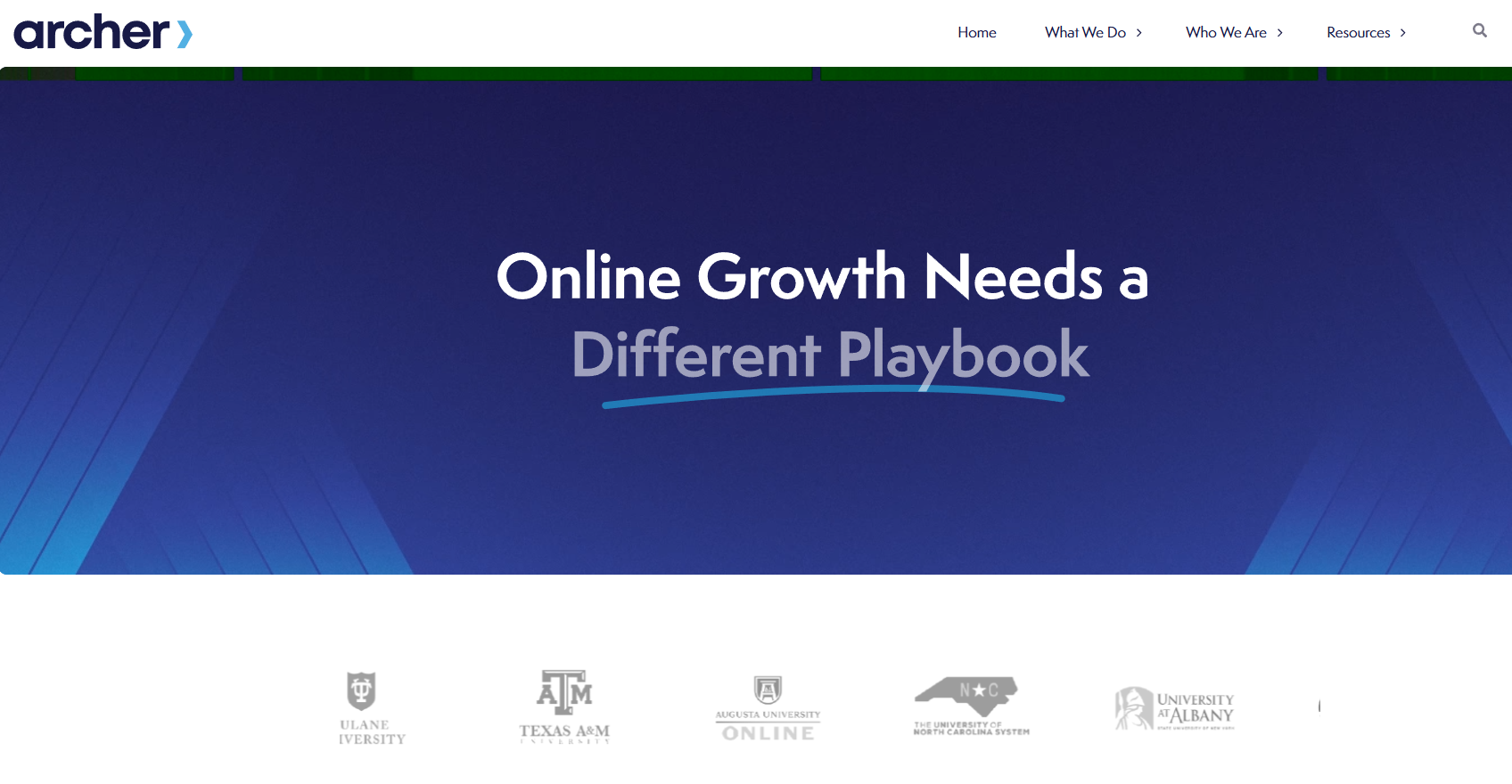 Archer Education homepage with the headline Online Growth Needs a Different Playbook above university client logos