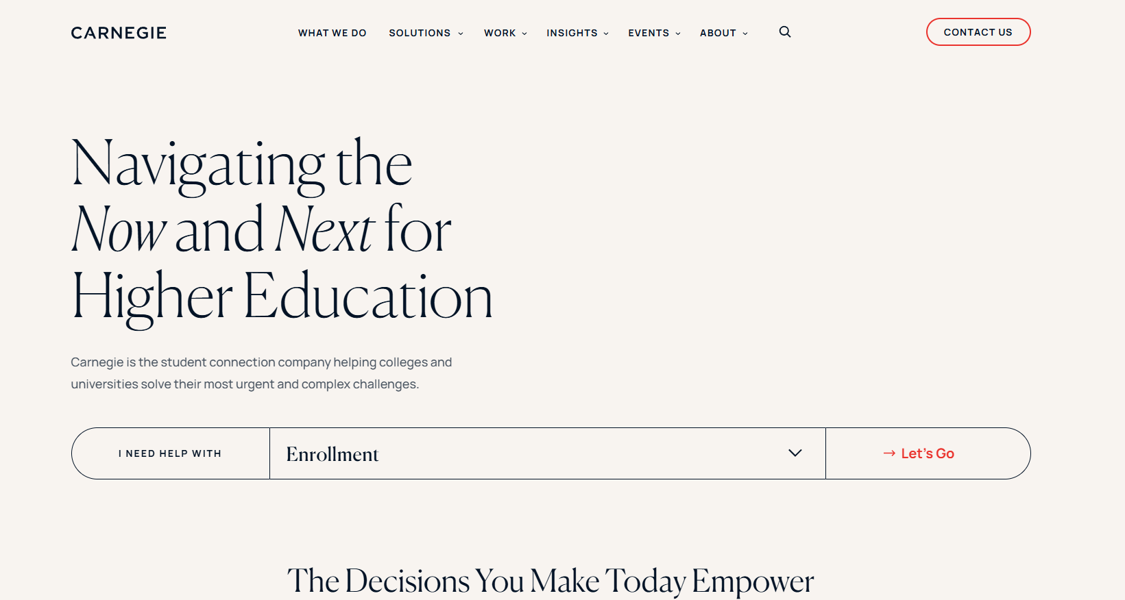 Carnegie homepage with the headline Navigating the Now and Next for Higher Education
