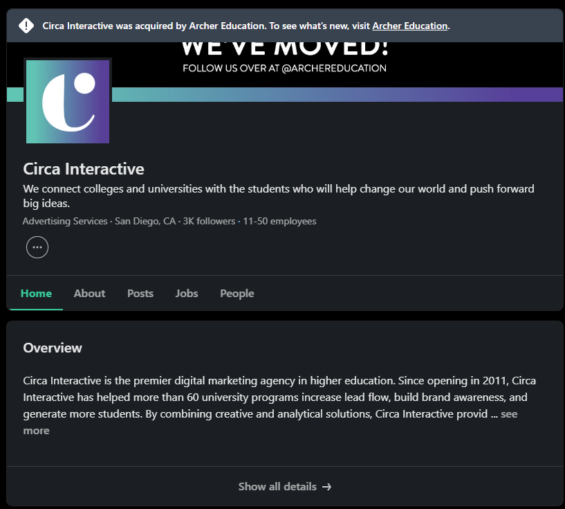 Circa Interactive company profile describing its higher education digital marketing work