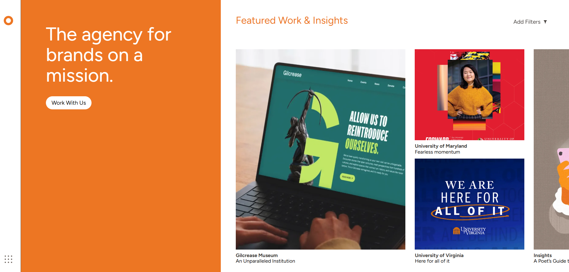 Ologie homepage with the tagline The agency for brands on a mission alongside featured university work