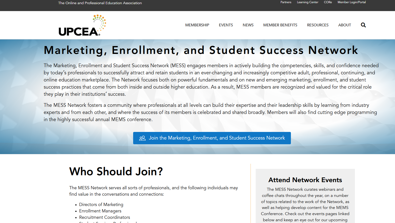 UPCEA Marketing, Enrollment, and Student Success Network page for adult and continuing education professionals