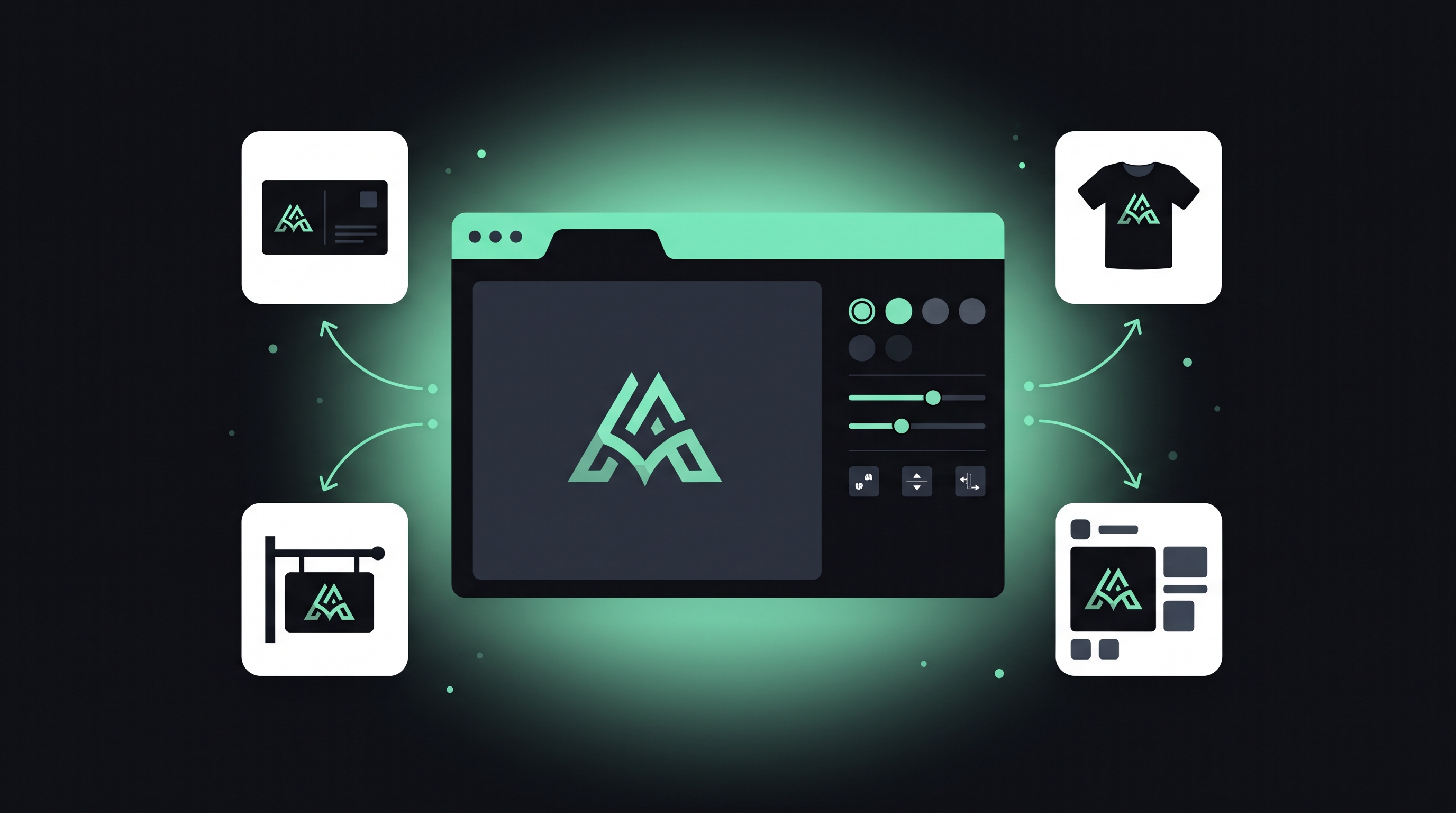 A logo editor panel connected to business card, apparel, signage and social post icons, illustrating a Design.com review