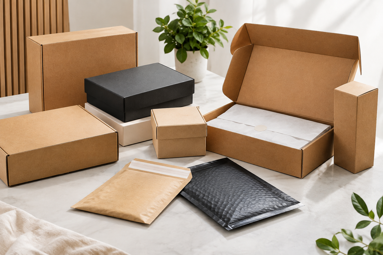 Kraft mailer boxes, a black rigid box, a small gift box and padded kraft and black bubble mailers arranged on a white marble table