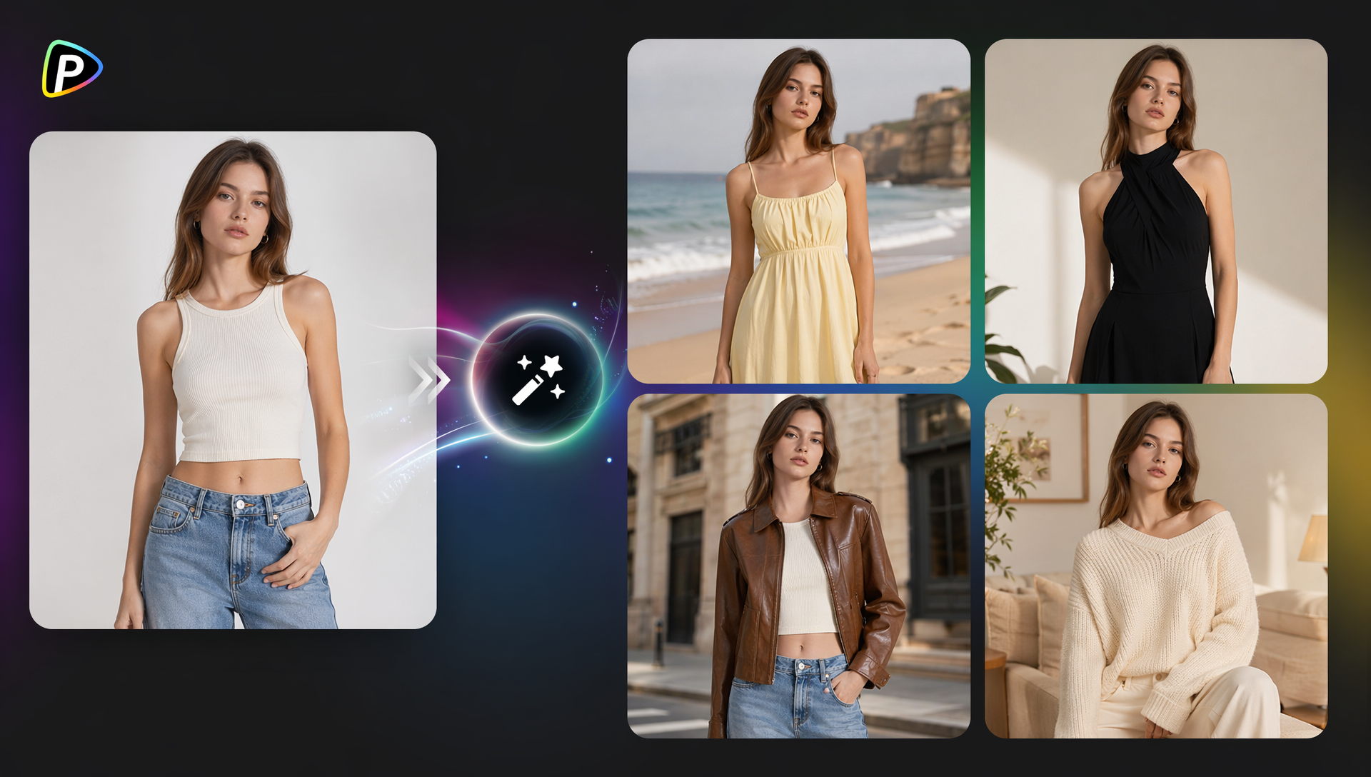 One garment photo of a model in a white tank top turned by Pollo AI into four on-model looks: a yellow sundress on a beach, a black halter dress, a brown leather jacket on a city street and a cream knit sweater indoors