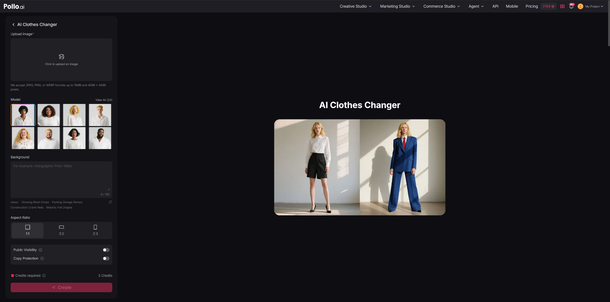 Pollo AI Clothes Changer interface with an image upload box, a grid of built-in virtual models, a background prompt field and 1:1, 3:2 and 2:3 aspect ratio options