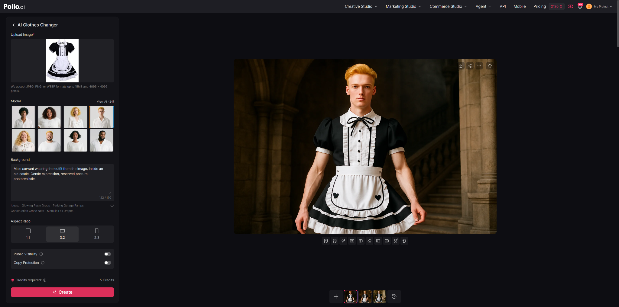 Pollo AI Clothes Changer test result: a male virtual model wearing an uploaded black and white maid outfit inside a stone castle, with the lace, apron and trims reproduced