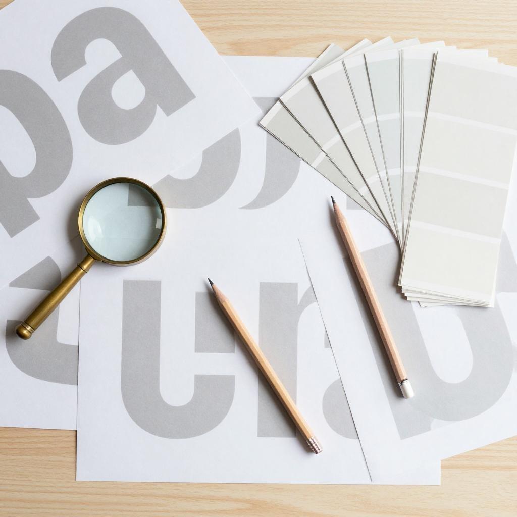 Large gray letterform proofs spread on a wooden desk with a brass magnifying glass, two pencils and a fan of pale neutral color swatches