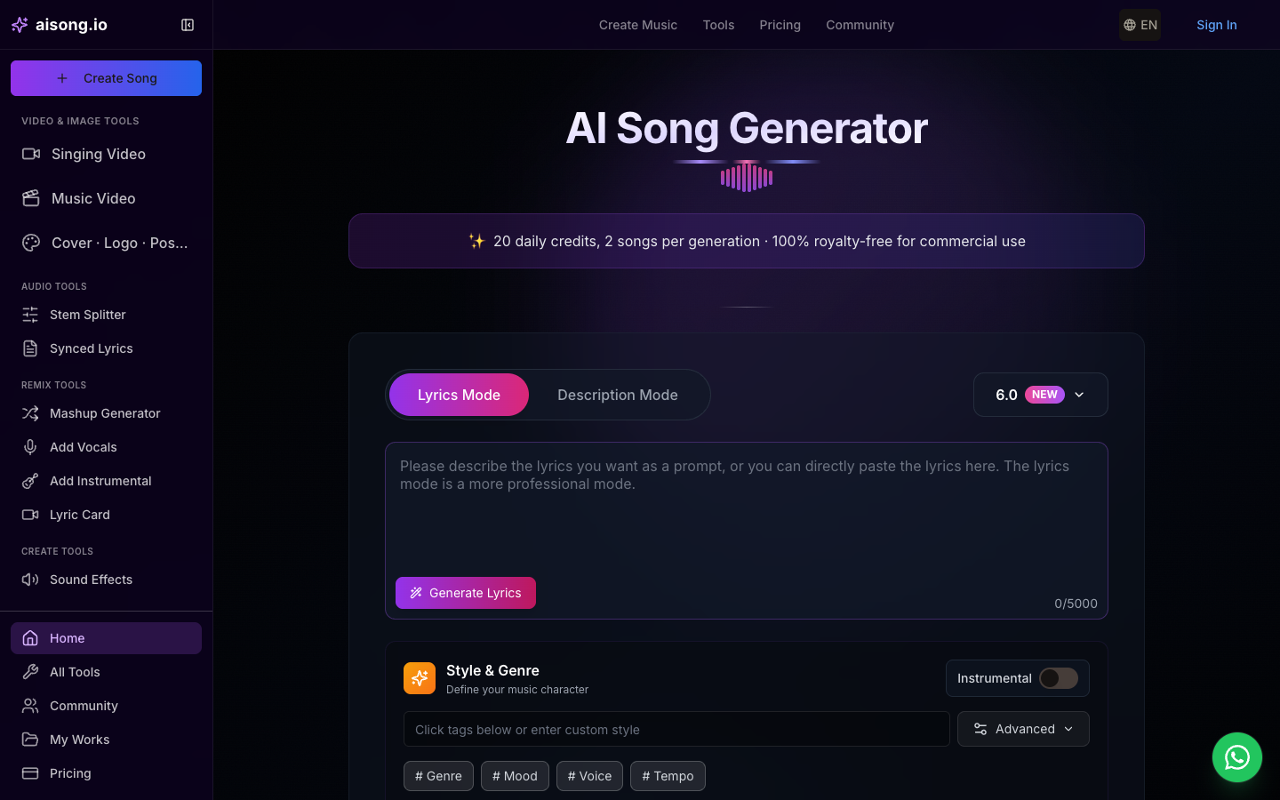 AISong.io AI Song Generator interface for turning lyrics or a prompt into a complete track
