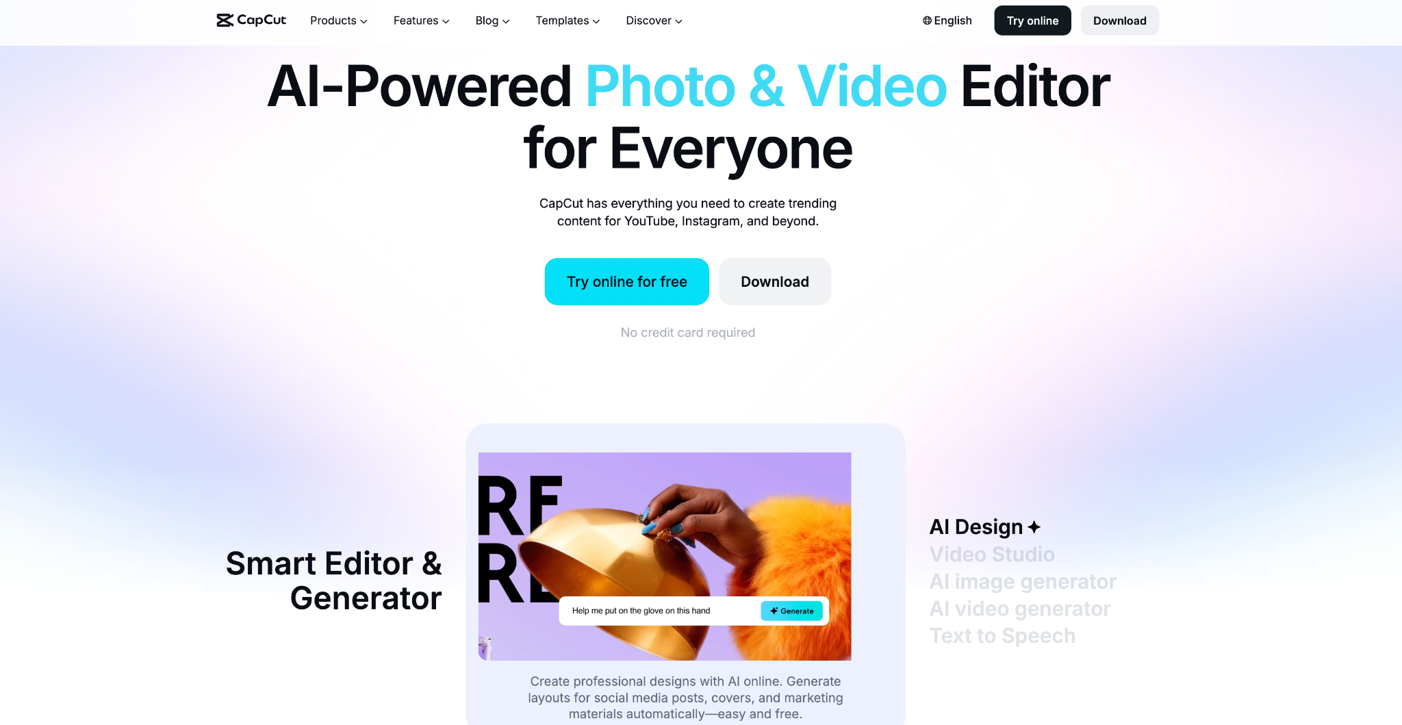 CapCut AI-powered photo and video editor homepage with smart editor and generator tools