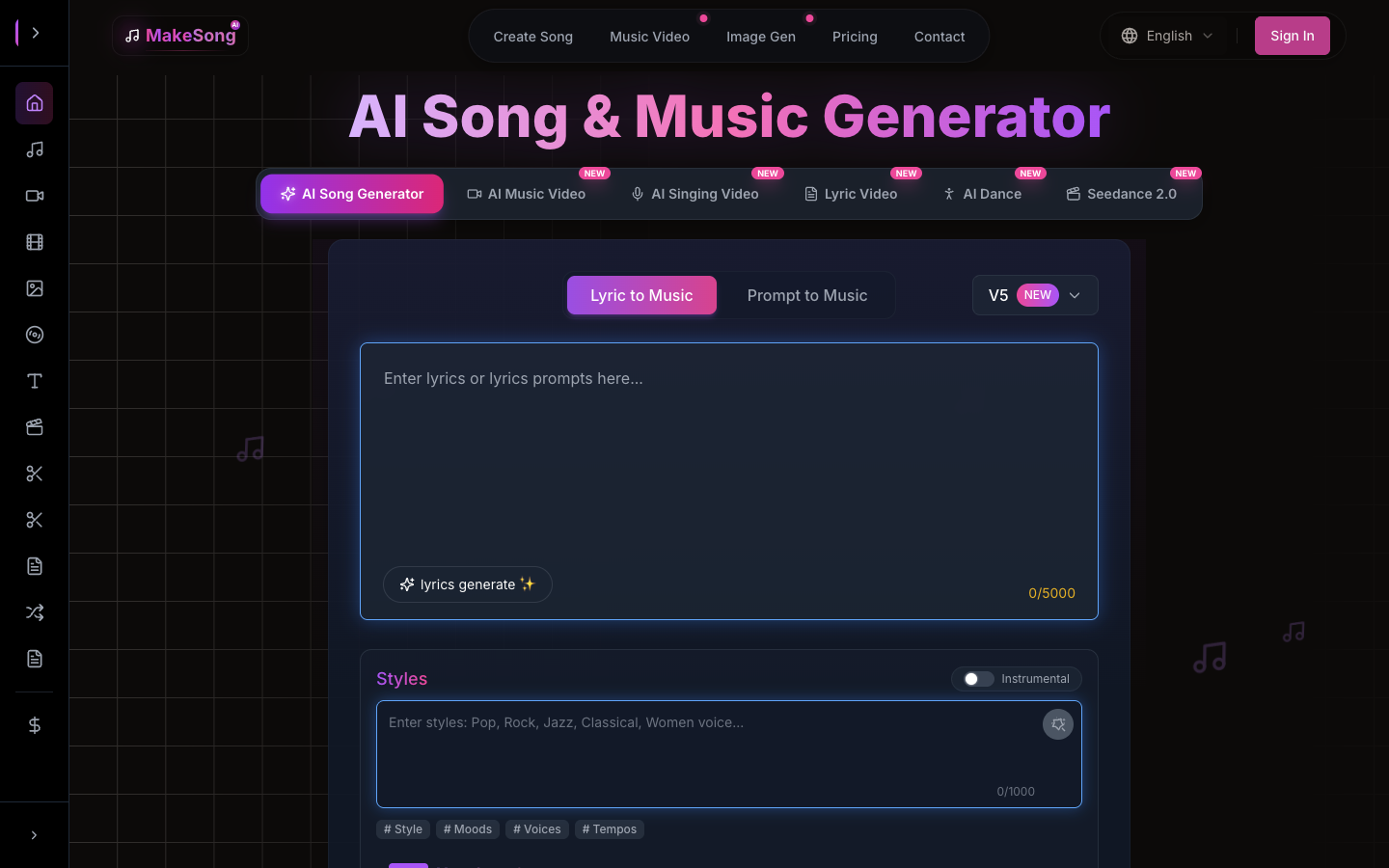 MakeSong AI Song and Music Video Generator interface for creating a lip-sync music video