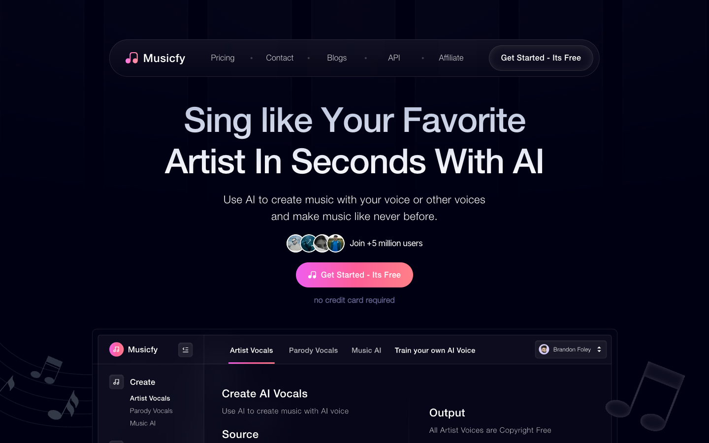 Musicfy AI vocal and music tool interface for creating AI vocals and voice conversions